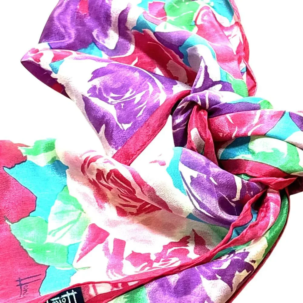 Vintage Honey Pure Silk Scarf Pink Purple Roses Flower Power Blue Green Floral